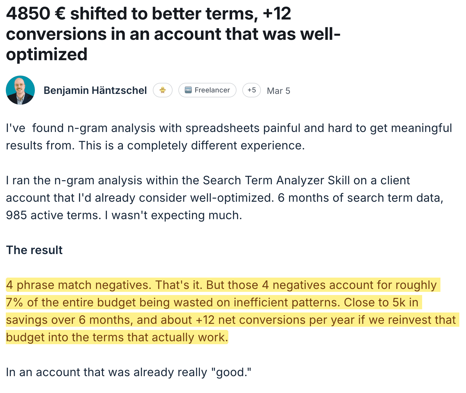 Benjamin — €4850 shifted to better terms with n-gram analysis