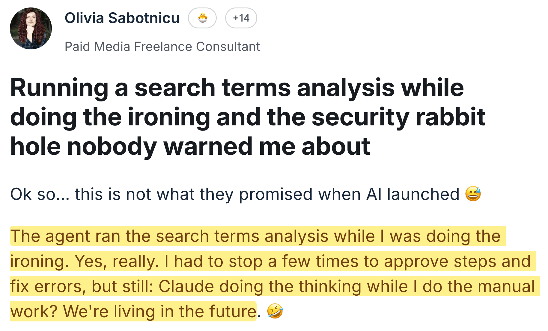 Olivia — search terms analysis while doing the ironing