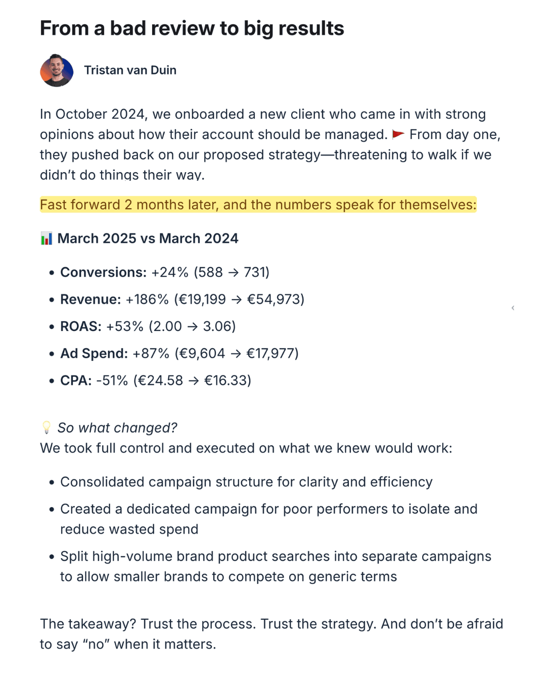 Tristan van Duin — from bad review to big results, +186% revenue -51% CPA