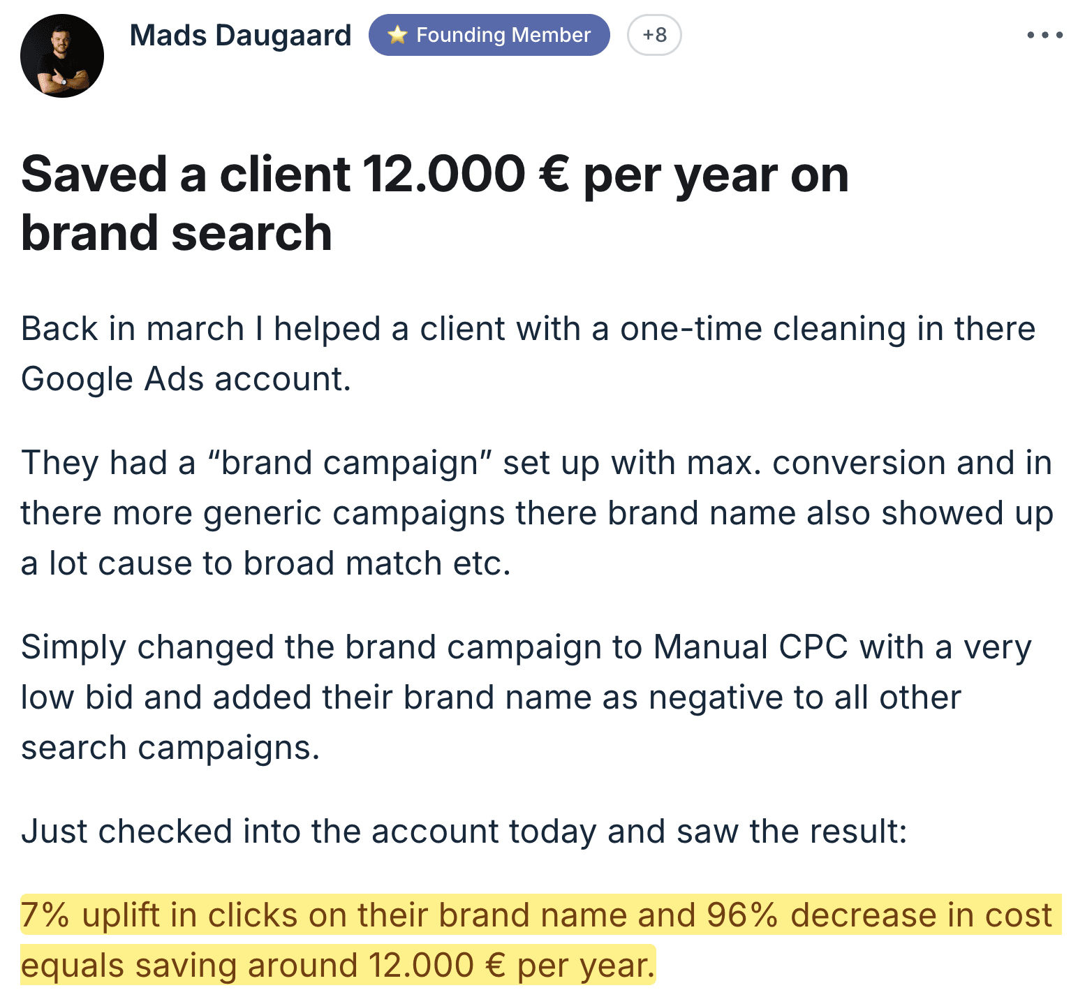 Mads Daugaard — saved client €12,000/year on brand search